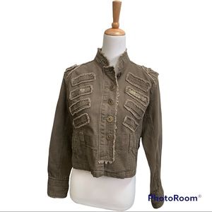 Distressed embellished band jacket taupe metal sequins frayed details Large